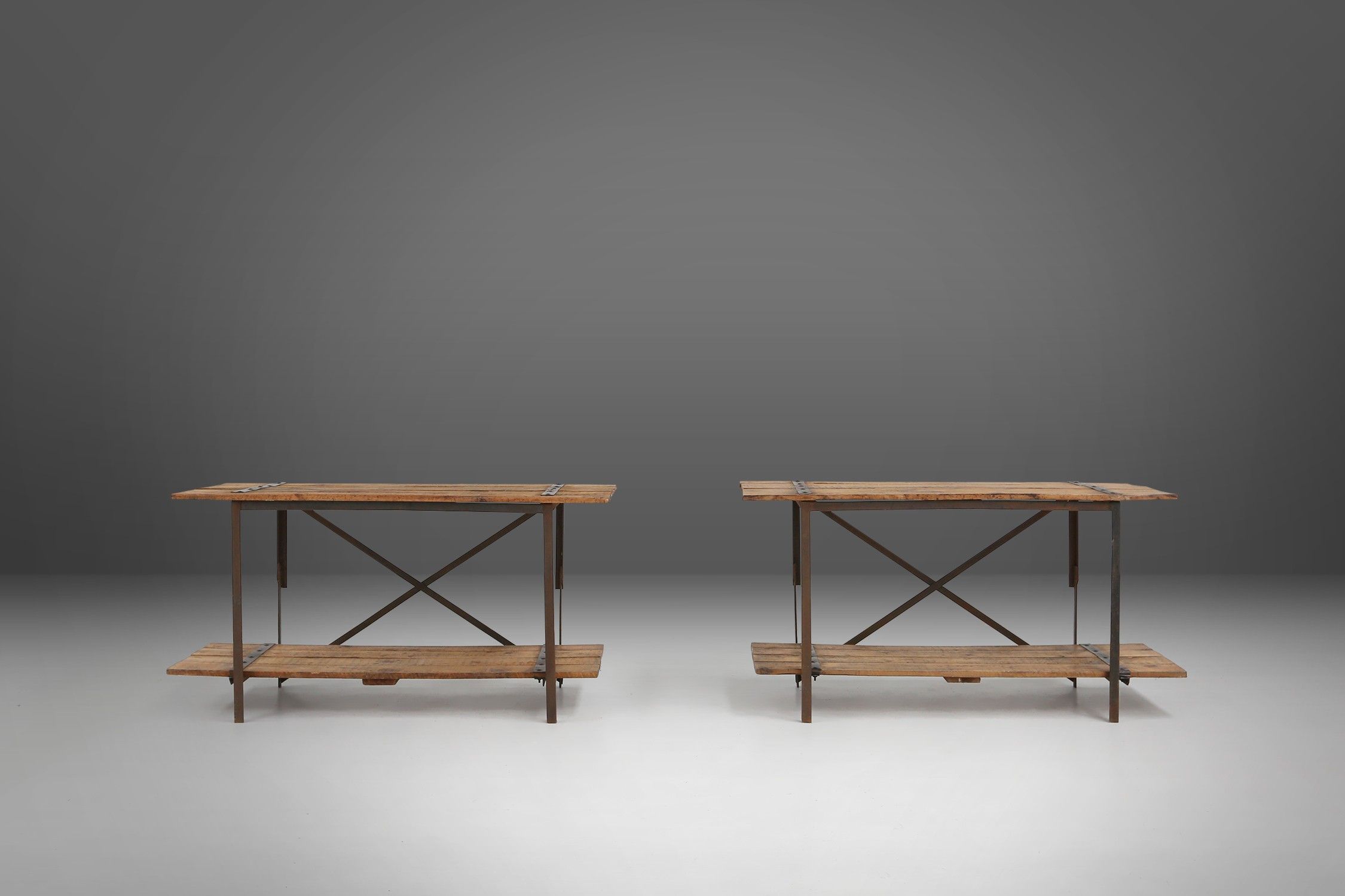 Industrial side tables with metal frame and wooden top and removable platform, Belgium, 1920thumbnail